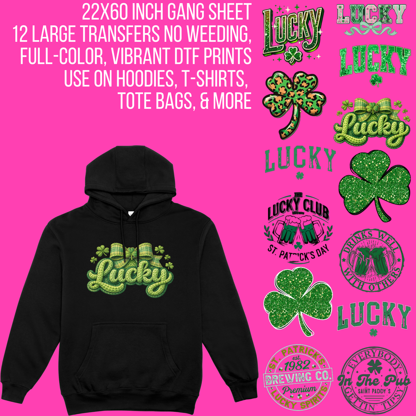 Premade St. Patrick’s Day Lucky DTF Gang Sheet | 22×60 Ready-to-Press