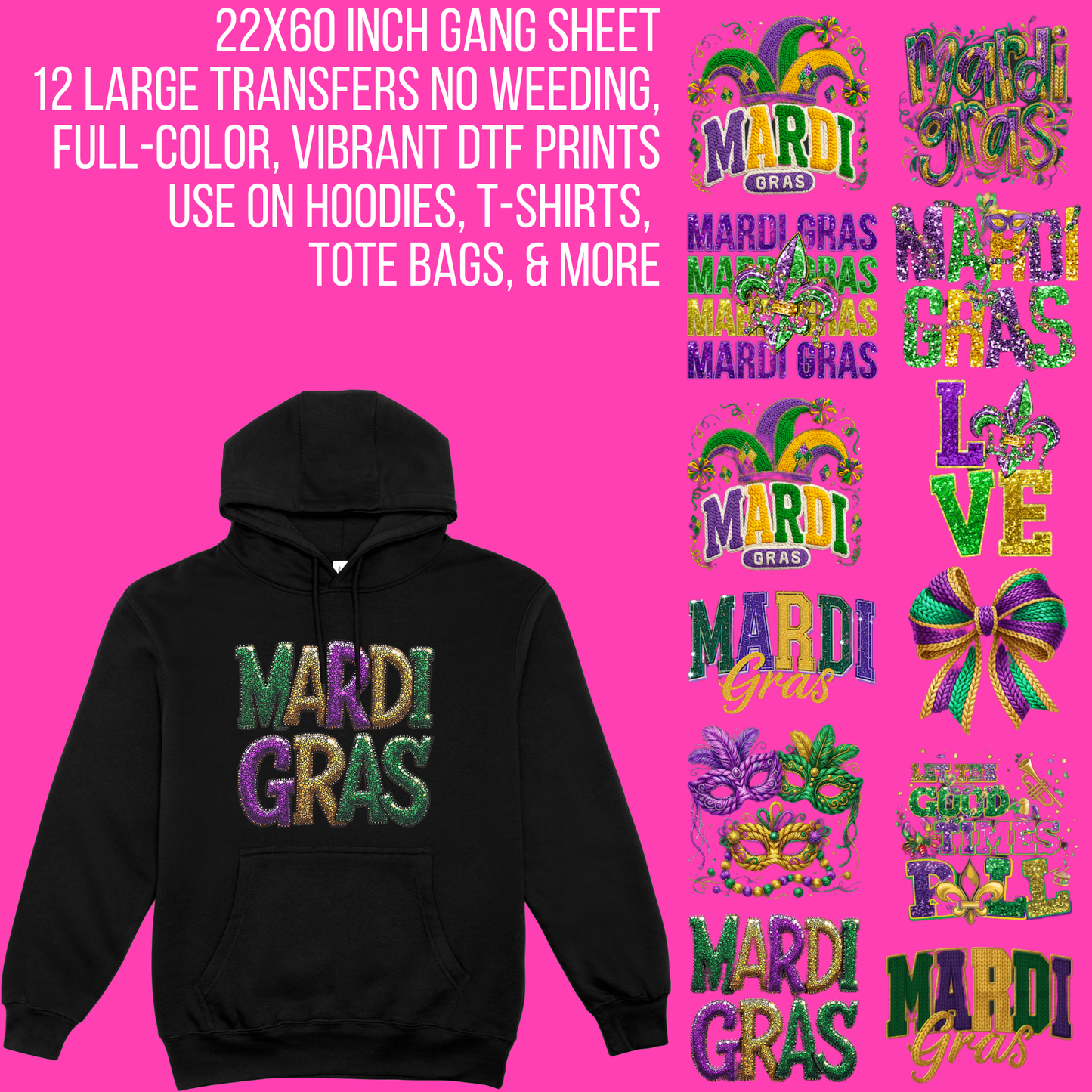Premade Mardi Gras Faux Embroidery DTF Gang Sheet | 22×60 Ready-to-Pres