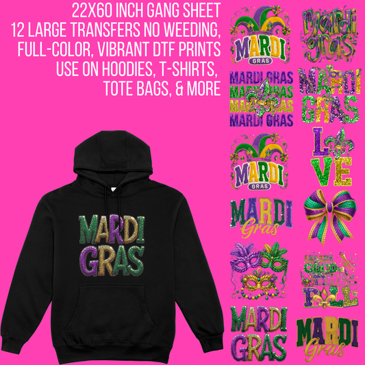 Premade Mardi Gras Faux Embroidery DTF Gang Sheet | 22×60 Ready-to-Pres