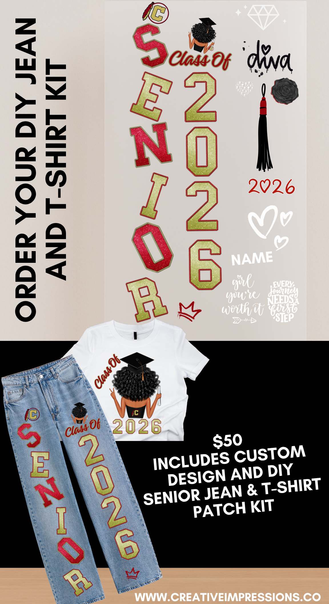 🎓 DIY Senior Jean & T-Shirt Patch Kit – Class of 2026 Edition Featuring Custom DTF (Direct to Film) Patches