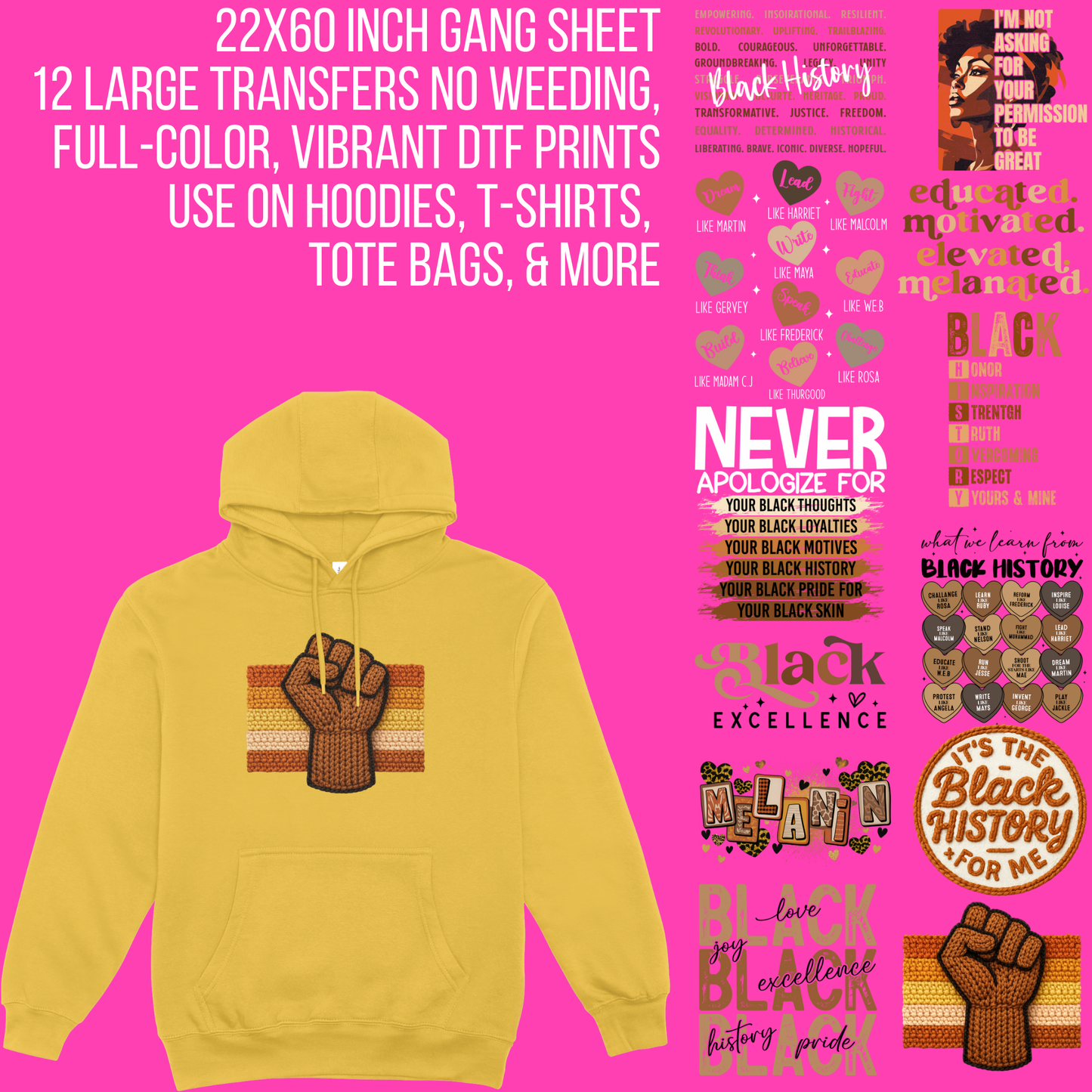 Black History Empowerment DTF Gang Sheet | 22x60 Ready-to-Press | Black History Month Transfers