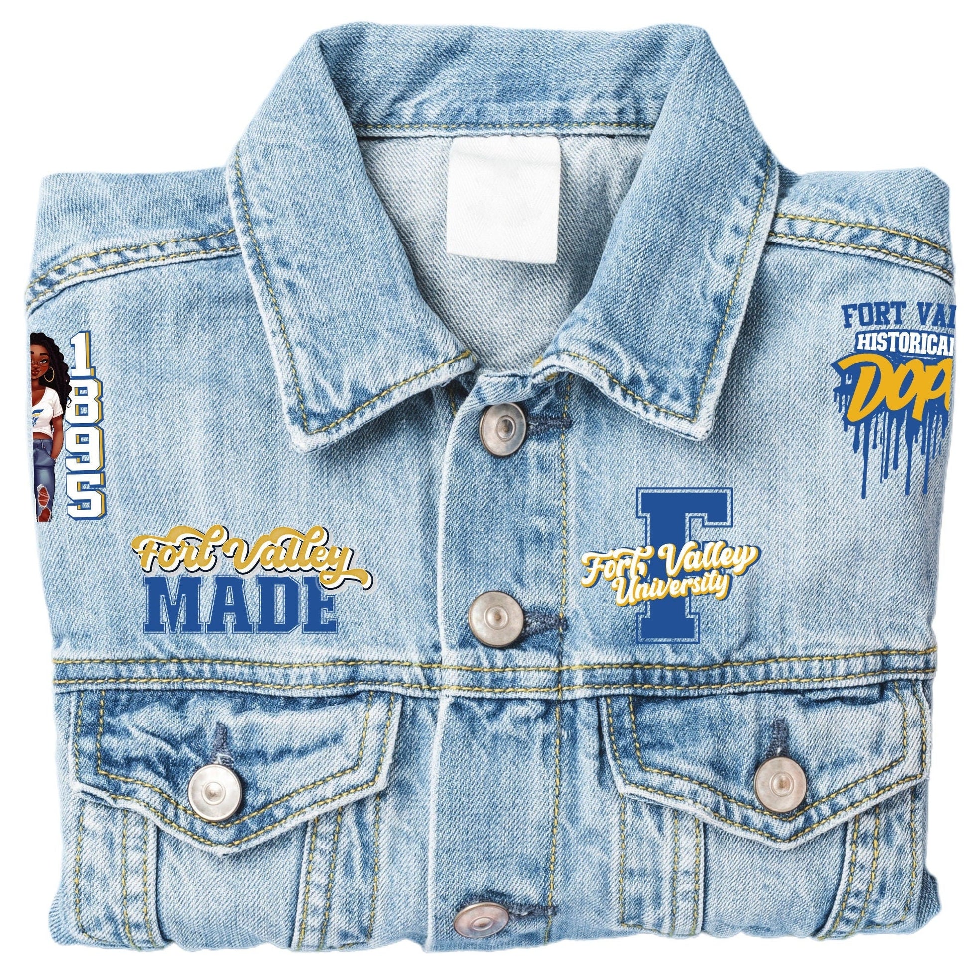 Patches for Jackets| Patch Party| Patch Kit| Patches Iron On| DTF Patches| Patches HBCU| Fort Valley State University| Jean Patches | DTF