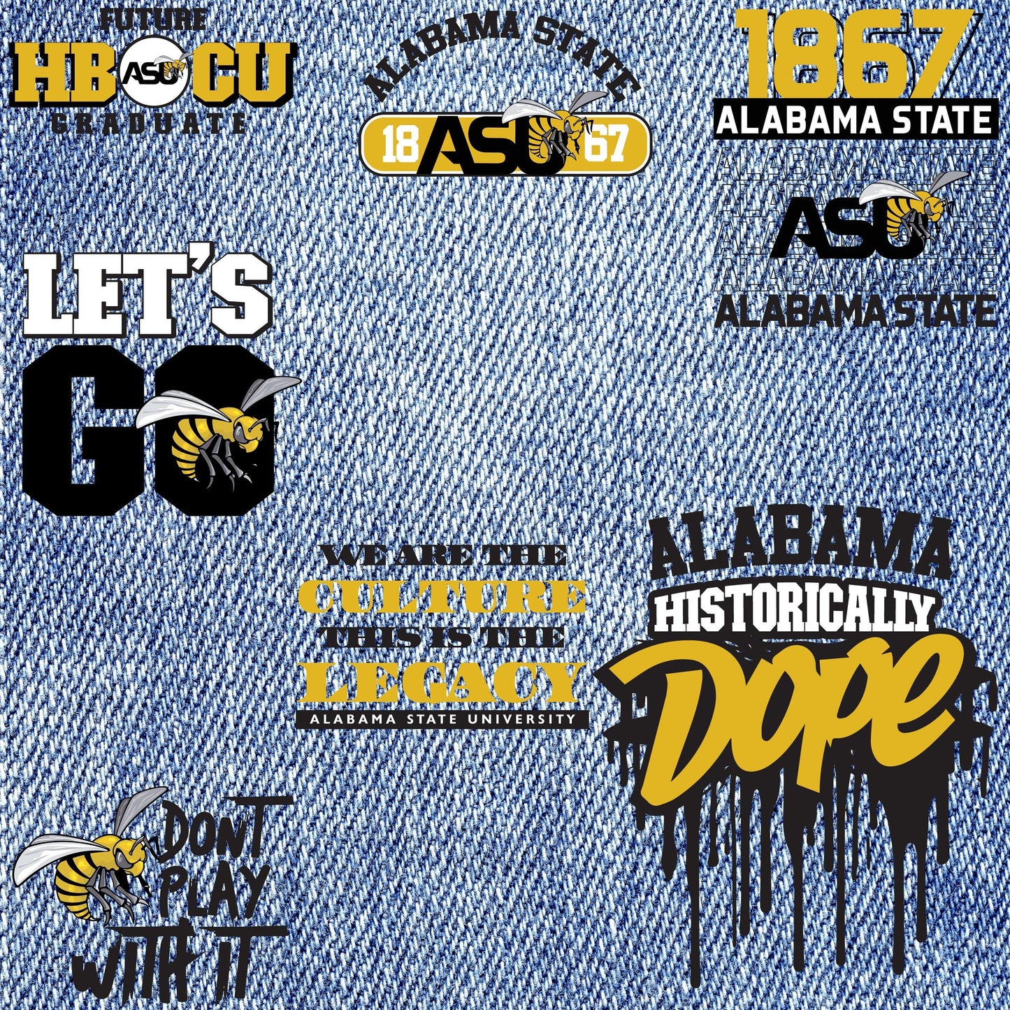 Patches for Jackets| Patch Party| Patch Kit| Patches Iron On| DTF Patches| Patches HBCU| Alabama State University| Jean Patches | DTF